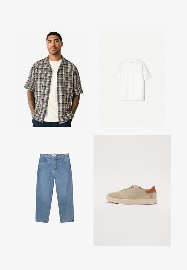 Chemise à manches courtes présentant un motif à carreaux marine, crème et rouille, fabriquée en tissu tissé avec une coupe décontractée et un col ouvert.; T-shirt blanc à manches courtes en coton doux. Design à col rond avec une coupe décontractée et sans logos ni motifs visibles.; Jean en denim bleu clair avec une coupe droite, un design à cinq poches et une étiquette de marque visible au niveau de la taille.; Baskets en suède beige avec un design cousu, semelle en caoutchouc clair et accents en cuir marron sur le talon et le logo.