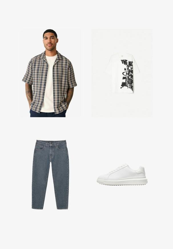 Kortærmet skjorte med et marineblåt, cremefarvet og rustfarvet plaidmønster, lavet af vævet stof med en afslappet pasform og åben krave.; Hvid bomulds t-shirt med en afslappet pasform, der har fed sort grafisk tekst, der dækker forsiden. Kortærmet og med rund hals.; Mørkeblå denim jeans med afslappet pasform, fem-lomme design, knaplukning og en let slidset kant. Holdbart materiale med subtil tekstur.; Hvid sneaker med en glat syntetisk overdel, rund tå, flade snørebånd, struktureret sål og et lagdelt platformsdesign for ekstra højde.