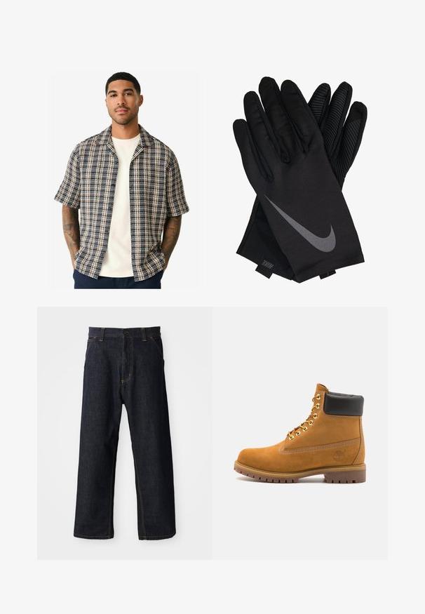 Korte mouwen overhemd met een marineblauw, crème en roestkleurig ruitpatroon, gemaakt van geweven stof met een ontspannen pasvorm en een open kraagontwerp.; Donkerblauwe denim broek met een rechte pasvorm, voorzien van gele stiksels, voorzakken en een knoopsluiting bij de taille.; Tan suède enkelboot met zwart gevoerd kraagje, gouden metalen oogjes, witte stikdetails en een robuuste rubberen zool met uitgesproken profiel.; Zwarte Nike-handschoenen met een gladde stofafwerking, voorzien van een grijze swoosh-logo en een gestructureerde grip op de palm en vingers.