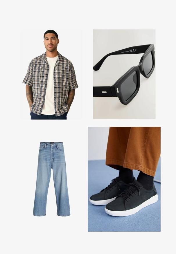 Camicia a maniche corte con un motivo a quadri blu navy, crema e ruggine, realizzata in tessuto tessuto con una vestibilità rilassata e un design a colletto aperto.; Jeans blu chiaro a gamba larga realizzati in denim, con vita alta, classico design a cinque tasche e chiusura a bottone con zip.; Sneakers in suede nera con suole in gomma bianca, dotati di un design con lacci, accenti testurizzati e branding sottile, abbinati a pantaloni marroni.; Occhiali da sole neri rettangolari con finitura opaca, lenti scure e dettagli argentati sulle tempie. Presentano un design con montatura spessa e una texture liscia.