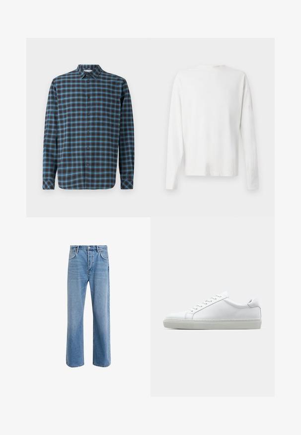 Samsøe Samsøe LIAM - Košeľa - turkish coffee; Biela bavlnená košeľa s dlhými rukávmi a okrúhlym výstrihom, s bočnými rozparkami na spodku a hladkou textúrou, zobrazená zozadu.; Svetlo modré denimové džínsy so strihom rovného nohu, päť vreciek, zapínanie na gombík, minimálne vyblednutie a kontrastné švy.; Biele tenisky s hladkým koženým zvrškom a nízkym profilom. Majú zaoblenú špičku, šesť očiek a štruktúrovanú gumovú podrážku.