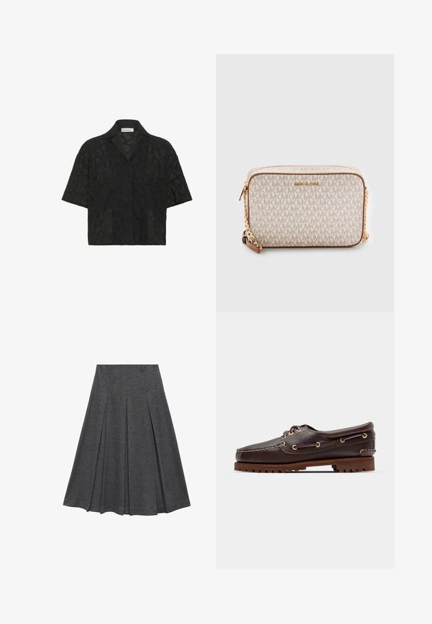 Schwarzes kurzärmliges Hemd mit einem strukturierten geometrischen Spitzenmuster, einem eingeschnittenen Kragen und einer lockeren Passform, die die Atmungsaktivität verbessert.; Grauer, plissierter Rock mit ausgestellt Form, aus weichem Stoff. Verfügt über vertikale Falten und einen glatten Bund für einen figurschmeichelnden Look.; Braune Lederbootsschuhe mit goldenen Ösen, runden Schnürsenkeln und einer strukturierten braunen Gummisohle. Verfügt über genähte Details und ein erhabenes Logo.; Beige Umhängetasche aus Canvas mit einem sich wiederholenden MK-Logo-Muster, goldfarbenen Beschlägen und einem Kettenriemen. Mit Reißverschlussverschluss und Lederakzenten.