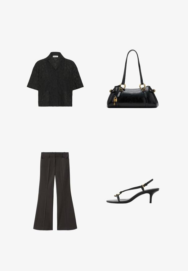Zwart overhemd met korte mouwen, gekenmerkt door een geweven geometrisch kantontwerp, met een gesneden kraag en een losse pasvorm die de ademend vermogen vergroot.; Zwarte flared broek met een hoge taille; beschikt over twee voorkeurszakken en een gladde stoftextuur. Geschikt voor verschillende gelegenheden.; Zwarte leren kitten heel sandaal met dunne banden, gouden gesp en minimalistische teenlus op een witte achtergrond.; Zwarte leren handtas met een gladde textuur, afgeronde vorm, gouden hardwareaccenten en dubbele handgrepen. Bevat een decoratieve sluiting aan de zijkant.