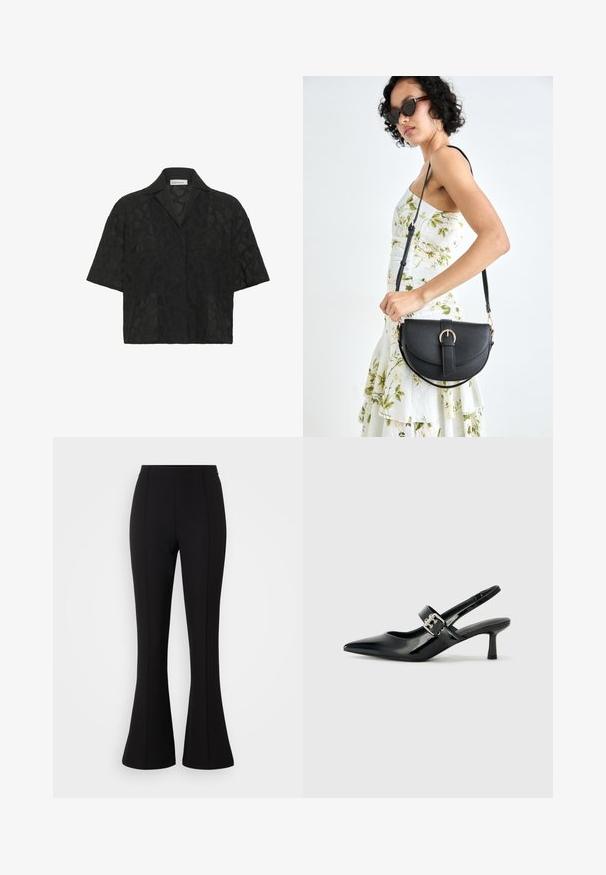 Melna īsām piedurknēm krekls ar struktūrētu ģeometrisku mežģīņu dizainu, ar izgrieztu apkakli un brīvu piegriezumu, kas uzlabo gaisa caurlaidību.; Melni plati bikses, izgatavotas no elastīga auduma, ar gludu virsmu, augsto jostasvietu un šuvju detaļām pa priekšpusi.; Melnas lakotas ādas sūkņa kurpes ar norādītu purngali un mazu bloku papēdi, ar sudraba sprādzi akcentā uz jostas.; Melnas ādas rokassoma ar izliekta formu, noņemamu siksnu un zelta aksesuāriem. Somai ir vāciņš ar sprādzes detaļu.