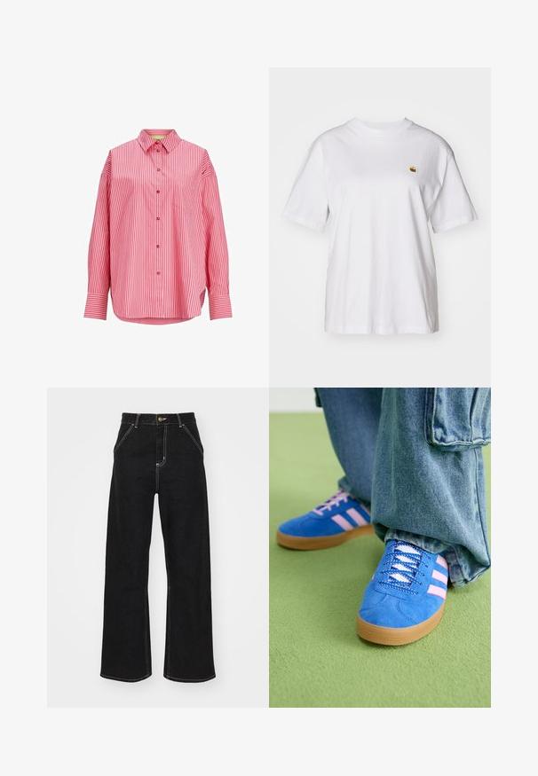 Punane ja valge triibuline särk, nööpidega mudel, pikad varrukad, üks rinna-tasku, pehme kangas, kumer hem.; Valge puuvillane T-särk, millel on lõdva lõikega, lühikesed varrukad ja väike broderi logo vasakul rinnakarpi.; Mustmustest mustadest denimist, millel on kontrastsed valged õmblused ja esine nupp, kahe nurga all asuva esipocketiga.; Sinised sametkingad roosade triipudega ja valgete paeltega, millel on kummist tallad, kombineeritud laia teksapükstega rohelisel pinnal.