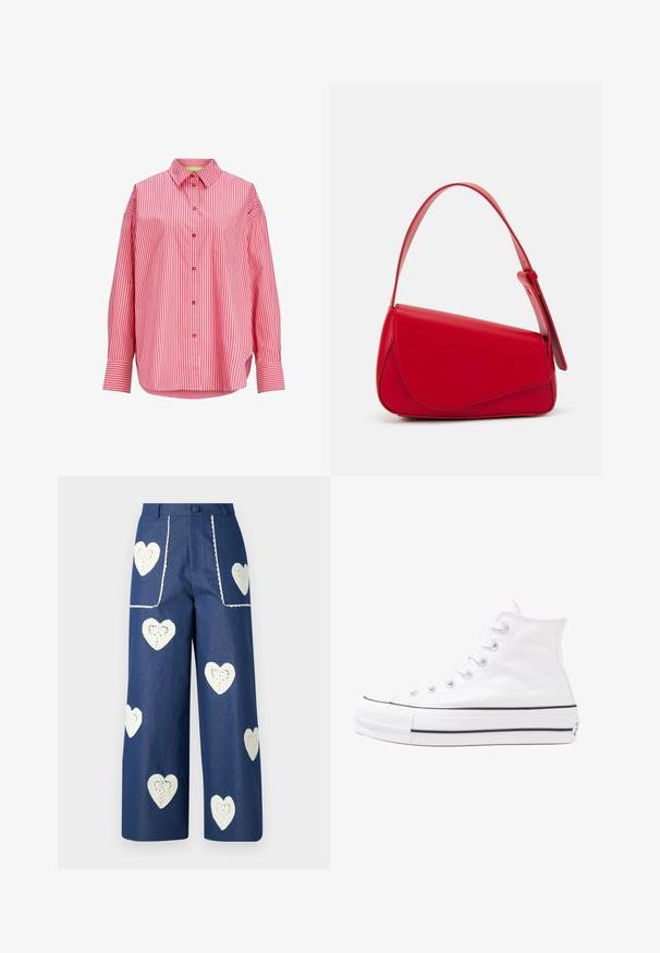 Rød og hvit stripet skjorte, med knapper, lange ermer, enkelt brystlomme, myk stoff, buet kant.; Sister Jane HEART TO HEART - Jeans straight leg - blue denim; Hvit høy-skinn kanvas sneakers med svart gummisåle, gummitåhette foran og seks hull for snorer, med et rent, minimalistisk design.; Rød lærveske med en vinklet, geometrisk design. Har en enkelt justerbar stropp og en klaffelukking med sydd detaljer.