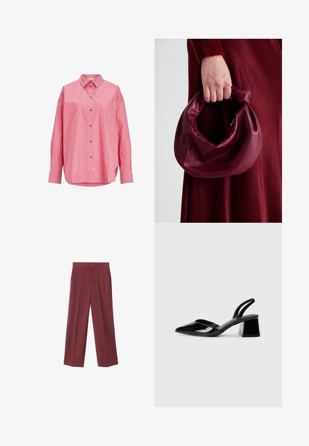 Camicetta a righe rosse e bianche, design con bottoni, maniche lunghe, taschino sul petto, tessuto morbido, orlo curvo.; Pantaloni larghi bordeaux con una texture liscia, caratterizzati da tasche laterali e una vita alta. Rifiniti con una piega frontale pulita.; Décolleté in vernice nera con punta affusolata e tacco in geometria cubica. Presentano un design elegante e minimalista, con una texture liscia.; Borsa in pelle bordeaux con un design morbido e arricciato e una forma arrotondata. Il manico è fissato, mostrando una texture liscia.