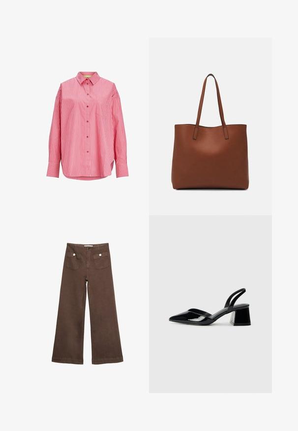 Röd och vit randig skjorta, knappad design, långa ärmar, en bröstficka, mjukt tyg, rundad nederkant.; Bruna vida byxor i bomull med två framfickor med silverknappar och en slät yta.; Svarta lackläder slingback klackar med spetsig tå och geometrisk klack. Har en elegant, minimalistisk design och slät yta.; Brun läder tote-väska med en slät textur, öppen toppdesign och två axelremmar. Har minimal söm och ingen synlig metalldetalj.