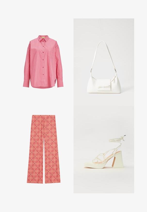 Camisa listrada em vermelho e branco, design com botões, mangas longas, um bolso no peito, tecido macio, barra arredondada.; Calças largas feitas de tecido estampado em coral com um design de grelha que apresenta linhas interseccionadas em vermelho mais escuro. Textura suave, ajuste descontraído.; Sandálias brancas de salto alto com um salto robusto, apresentando um design com tiras e amarração no tornozelo. Textura suave com uma plataforma na frente para altura adicional.; Mala sintética branca com formato triangular, aba frontal plana e detalhe de laço, alça ajustável, textura suave e design minimalista.