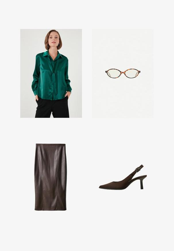 Satin bluza u smaragdnozelenoj boji s ravnim okovratnikom, dugim rukavima i detaljem za vezanje sprijeda. Glatka tekstura i opušteni kroj.; Smeđa kožna suknja olovka glatke teksture, do koljena, s vertikalnim šavovima za dizajn. Bez dodatnih elemenata ili ukrasa.; Smešasti suede cipele na visoku petu s otvorenom petom, u obliku špice, elegantnog dizajna, s tankom potpeticom i kopčom na remenu oko gležnja.; Naočale u boji kornjače s ovalnim staklima i elegantnim, glatkim završetkom. Imaju tanke strane s suptilnom krivuljom na sljepoočnicama. Prozirna stakla.