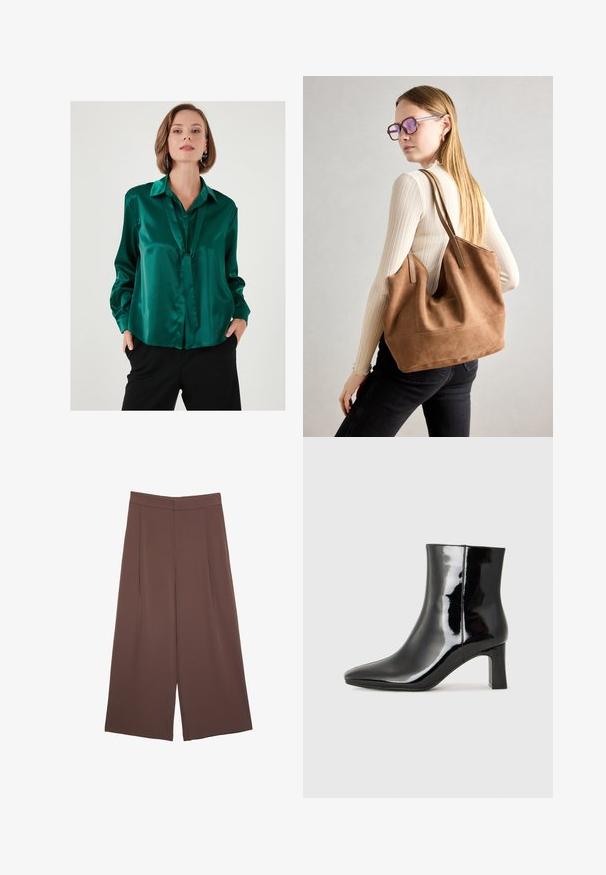 Satinbluse i smaragdgrøn med flad krave, lange ærmer og bånddetalje foran. Glat tekstur og afslappet pasform.; Brune bredbunde bukser med en glat tekstur, der har høj talje og plisseringer foran. Stoffet er let og falder løst.; Sort lakeret ankelstøvle med spids tå og en midt-højde blokhæl. Glat tekstur og minimalistisk design.; Brun ruskind tote taske med blød tekstur, stor åbning og lange stropper. Har et enkelt design med synlige syninger og ingen hardware.