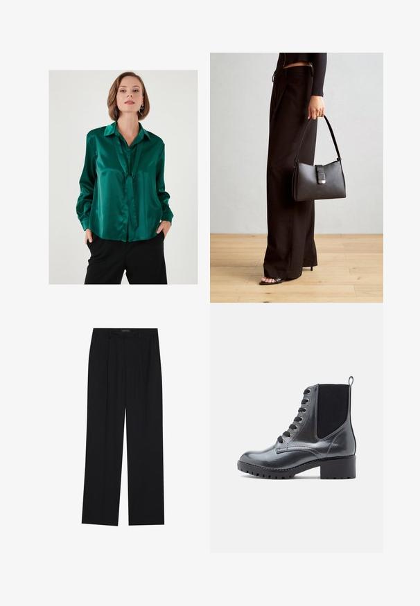 Smaragdzöld selyem blúz lapos gallérral, hosszú ujjakkal és elöl megkötős részlettel. Simaság és laza szabás jellemzi.; Fekete nadrág egyenes szárú kialakítással, két első zsebbel és derékrésszel. Simának és könnyű anyagból készült.; Fekete lakkbőr bokacsizma, blokksarkú, fűzős elülső résszel és elasztikus oldalsó panelekkel a könnyű felhúzás érdekében. Strapabíró talp a tapadásért.; Fekete kézi táska strukturált formával, sima textúrával és fémből készült záródással. Széles fekete nadrággal és nyitott orrú szandállal párosítva, fából készült padlón.