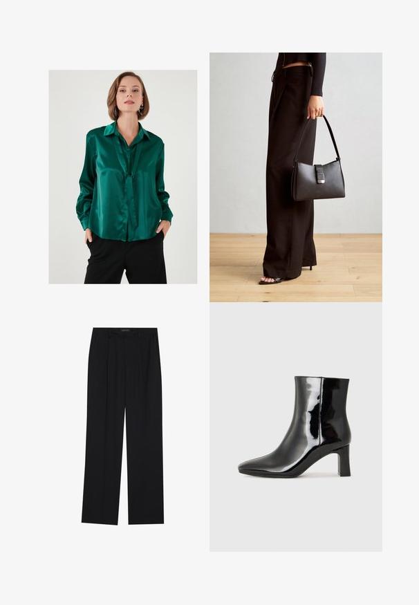 Smaragdrohe satiinbluus lame kraega, pikkade varrukatega ja esipoolse lipsuga detailiga. Sile tekstuur ja mugav lõige.; Mustad püksid sirgjoonelise disainiga, millel on kaks esist taskut ja muudatus. Valmistatud siledast, kergekaalulisest kangast.; Must-sinine nahkjalats musta läikiva viimistlusega, millel on terav nina ja keskmise kõrgusega plokk konts. Sile tekstuur ja minimalistik disain.; Must musta kott, millel on struktureeritud kuju, sile tekstuur ja metallist klamber. Kombineeritud laiate mustade pükstega ja avatud varvaste sandaalidega puidust põrandal.