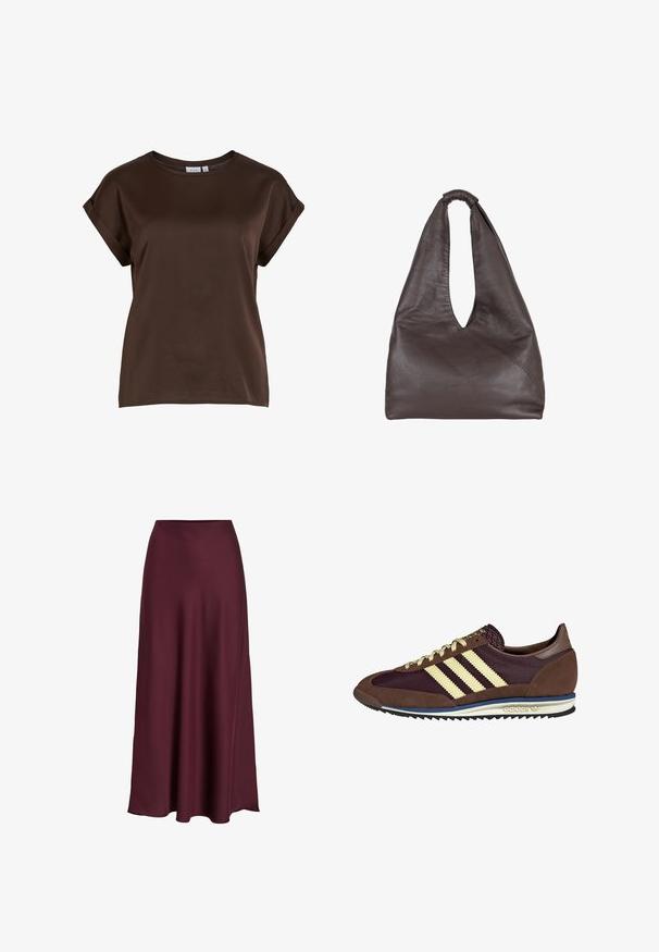 Brun kortærmet top med rund halsudskæring, lavet af glat stof, med opsmøgede ærmer og en afslappet pasform. Brandmærke synligt.; Bordeaux satin maxiskirt med en glat tekstur, høj talje og en flydende silhuet, der svømmer blidt ud mod nederkanten.; Brune og bordeaux sneakers lavet af ruskind og mesh-materialer, med tre cremefarvede striber, tekstureret stof på tungen, og en gummisål.; Brun lædertaske med en slaskende, overdimensioneret design. Har et løkkegreb og en dyb V-formet åbning for nem adgang. Blød tekstur, minimalistisk stil.