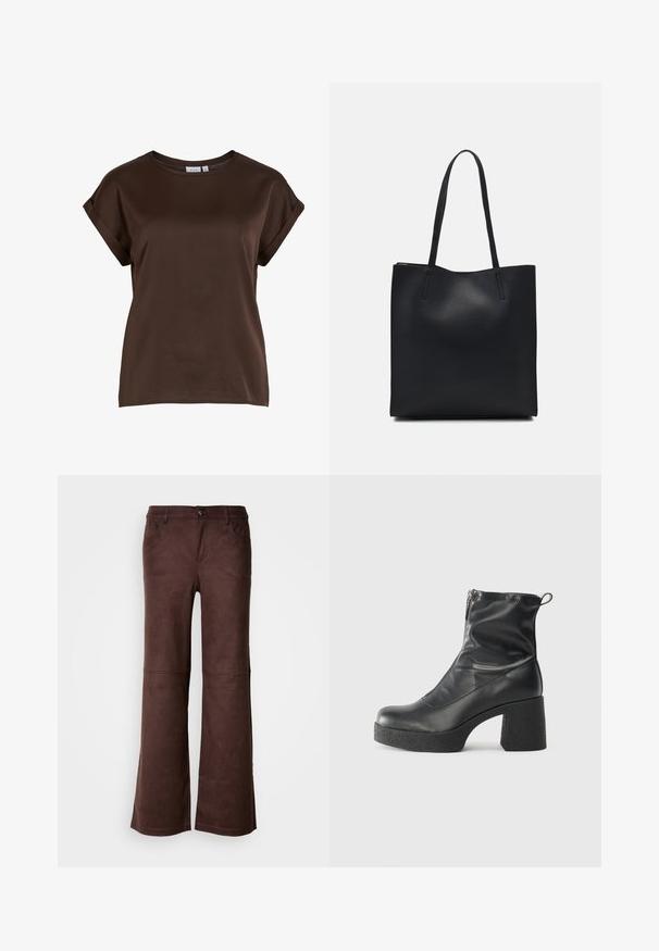 Brown short-sleeved top with a round neckline, made from smooth fabric, featuring rolled sleeves and a relaxed fit. Brand label visible.; Brown flared pants in a soft, suede-like fabric. Features four pockets, a button fastening, and a smooth, textured surface.; Black ankle boots made of smooth leather, featuring a side zipper, chunky textured heel, and rounded toe design.; Black leather tote bag with smooth texture, rectangular shape, and two long handles. No visible hardware or embellishments.