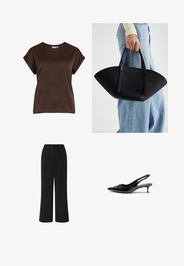 Rjav kratkosledek top z okroglo ovratnico, izdelan iz gladkega materiala, z zavitimi rokavi in sproščenim prileganjem. Vidna oznaka blagovne znamke.; Črne široke hlače iz gladkega materiala. Imajo raven sprednji del, pas z zankami za pas in dva stranska žepa.; Črne usnjene sandalke s trakcem za peto, z ostrim sprednjim delom, nizkim petkom in naborkom na zgornjem delu. Gladek tekstura in minimalističen dizajn.; Črna usnjena torbica z edinstveno obliko ventilatorja, z ravnimi ročaji. Površina ima teksturo z drobnimi kamni in minimalističen dizajn.