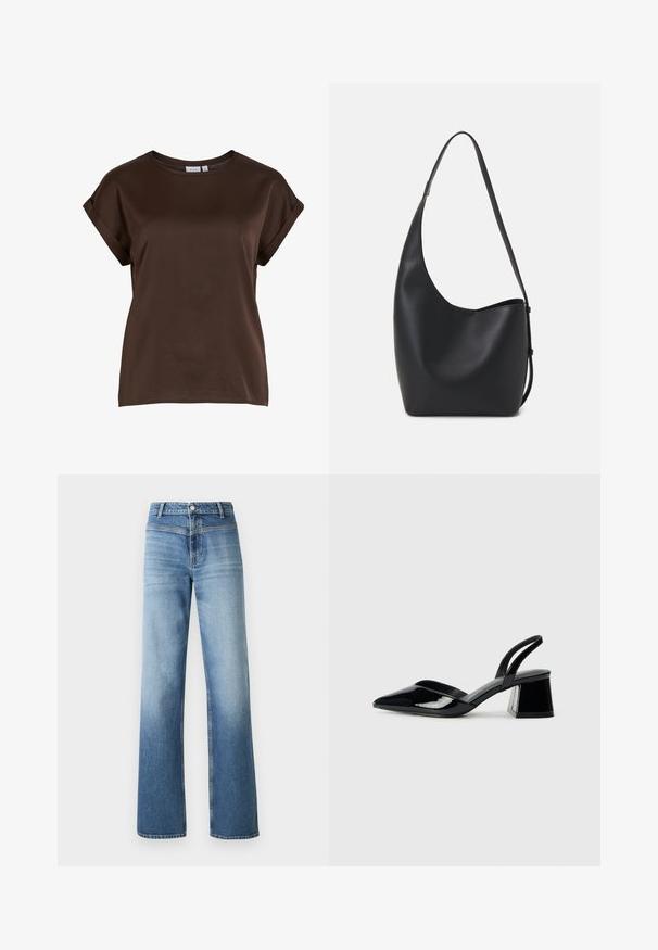 Brūns īsām piedurknēm tops ar apaļu apkakli, izgatavots no gludas auduma, ar sarullētām piedurknēm un brīvu piegriezumu. Redzama preču zīmes birka.; Gai zila denima bikses ar augstu vidukli, taisnu kāju dizainu, izbalējušu krāsu un klasisku piecu kabatu stilu. Pabeigtas ar pogas aizdari.; Melna lakota āda ar atvērto papēdi, ar smailu purngalu un ģeometrisku blokpapēdi. Iezīmējas elegants, minimāls dizains un gluda tekstūra.; Melnas ādas hobo soma ar gludu tekstūru, izliekta forma un vienu regulējamu jostu; augšā ir plaša atvere.