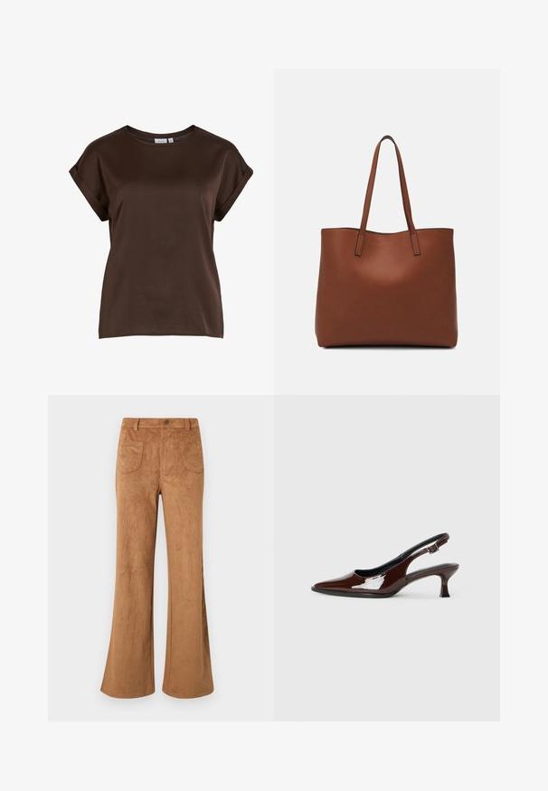 Top marrone a maniche corte con scollatura tonda, realizzato in tessuto liscio, con maniche arrotolate e vestibilità rilassata. Etichetta del marchio visibile.; Pantaloni svasati in suede marrone con vita alta, tasche anteriori e posteriori, e una texture liscia. Progettati per un fit rilassato lungo tutta la gamba.; Scarpa slingback in pelle verniciata marrone con punta affusolata e tacco moderato. Presenta una fascia con fibbia per una calzata sicura. Tessuto liscio.; Borsa tote in pelle marrone con texture liscia, design con apertura superiore e due spallacci. Presenta cuciture minime e nessun hardware visibile.