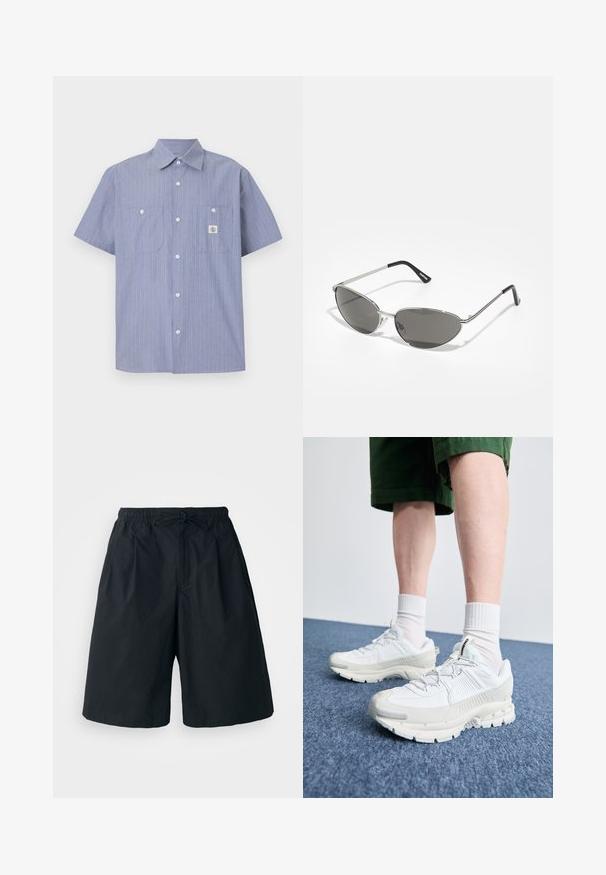 Šviesiai mėlyna trumpomis rankovėmis mygtukų marškinėliai su baltomis ir oranžinėmis vertikaliomis juostelėmis, su dviem krūtinės kišenėmis ir prekės ženklo etikete.; Du du baltos maikutės, su briaunotu tekstūru, puošiančios mėlynus ir žalius siuvinėtus logotipus. Viena turi saulės dizainą, kita - palmių.; Juodos šortai su elastinga juosta ir reguliuojama raišteliu. Pagaminti iš lygaus audinio, pasižymi laisvu pritaikymu ir neturi matomų raštų.; Baltos sportinės bateliai su tekstūruotais uždengimais, masyviu padu ir pilkais akcentais. Dėvimi su baltais trumpais kojiniais ir žaliais šortais mėlyname paviršiuje.; Akiniai nuo saulės su elegantišku sidabro metaliniu rėmu, pilkai tonuotais objektyvais ir aerodinaminiu dizainu, turinčiu smailius kampus ir plonus šonus.