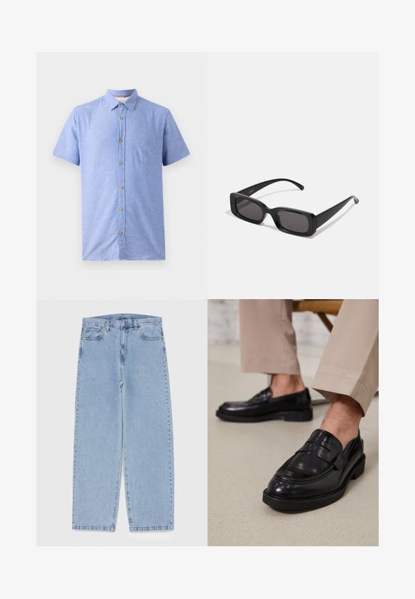 Chemise à manches courtes en tissu bleu clair avec un motif à carreaux, dotée d'une fermeture à boutons sur le devant et d'une poche poitrine.; Débardeur en coton blanc avec un col rond, de larges bretelles et un ourlet droit, présentant une texture lisse et sans motifs visibles.; Jean en denim bleu clair avec une coupe droite, présentant une taille mi-haute, cinq poches, et une fermeture à bouton et à fermeture éclair.; Mocassins en cuir noir avec une finition lisse, ornés d'une sangle décorative et de coutures contrastées, associés à un pantalon beige.; Lunettes de soleil noires rectangulaires avec des verres foncés, finition brillante, larges branches et un design de monture épaisse. Nom de marque gravé sur une branche.; Collier en perles blanches avec une forme ronde uniforme, surface lisse et fermoir en métal avec une chaîne d'extension pour une longueur ajustable.