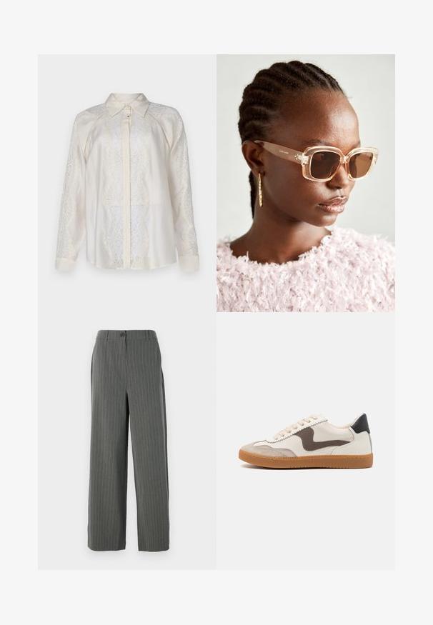 Copenhagen Muse Blusa - jet stream; Pantalones de rayas gris con un corte de pierna ancha, que cuentan con un cierre de botón y una textura sutil. Diseño entallado para un ajuste estructurado.; Zapatillas con una parte superior de cuero crema y un acento de ante marrón oscuro, cordones beiges y una suela de goma; diseño clásico de perfil bajo.; Gafas de sol beige de gran tamaño con una montura transparente y lentes tintados marrones, que presentan sutiles acentos florales y un diseño geométrico audaz.; Bolso negro con forma estructurada, textura suave y un cierre metálico. Combinado con pantalones anchos negros y sandalias de dedo en un suelo de madera.