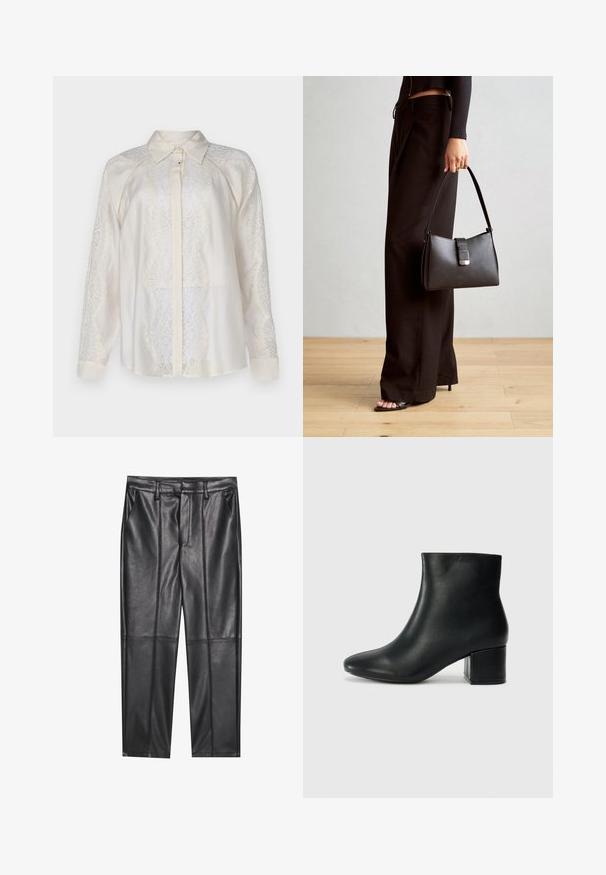 Copenhagen Muse Blouse - jet stream; Zwarte leren broeken met een gladde textuur, voorzien van een rechte pasvorm, twee voorzakken en zichtbare naaddetail.; Zwarte leren enkellaarzen met een spitse neus en een chunky hak. Gladde textuur met minimale accenten en een slank, strakk ontwerp.; Zwarte handtas met gestructureerde vorm, gladde textuur en een metalen sluiting. Gecombineerd met brede zwarte broeken en sandalen met open teen op een houten vloer.
