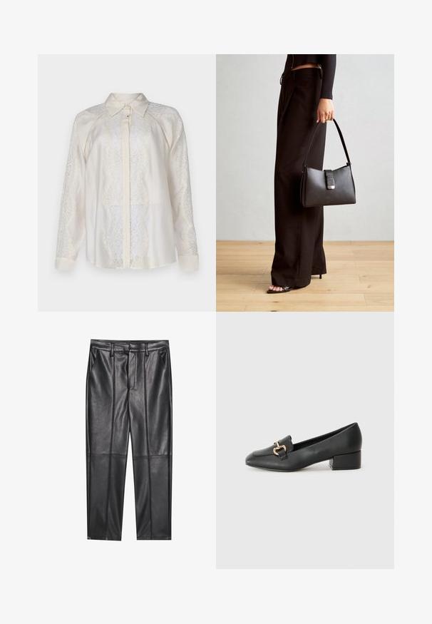 Copenhagen Muse Blouse - jet stream; Zwarte leren broeken met een gladde textuur, voorzien van een rechte pasvorm, twee voorzakken en zichtbare naaddetail.; Zwarte lederen instappers met een platte hak, met een decoratieve gouden hardware detail aan de voorkant en een gladde textuur.; Zwarte handtas met gestructureerde vorm, gladde textuur en een metalen sluiting. Gecombineerd met brede zwarte broeken en sandalen met open teen op een houten vloer.