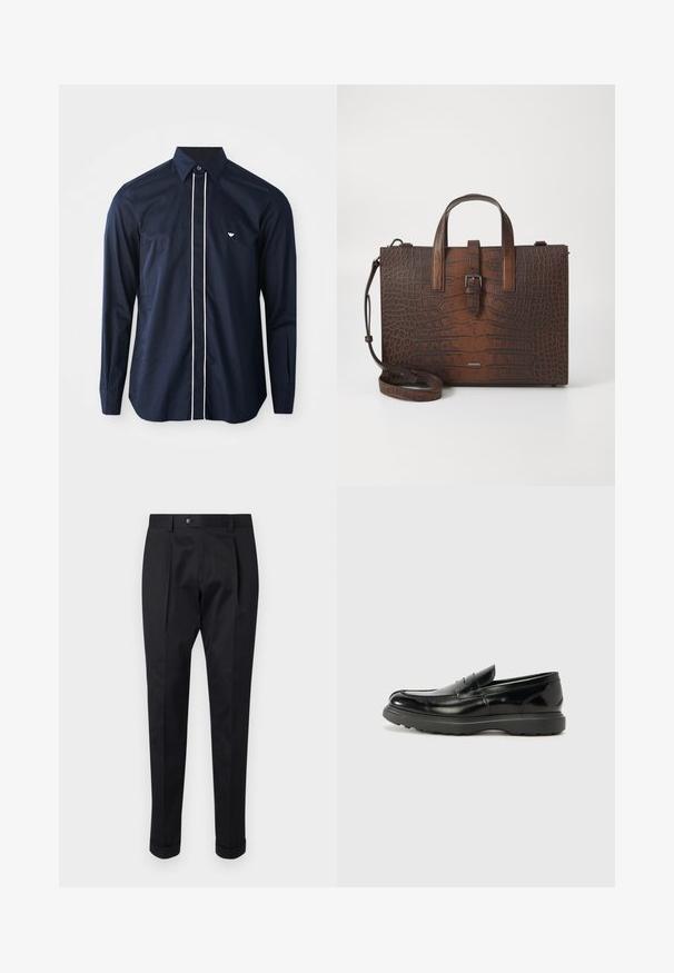 Merihenkinen puuvillainen pitkähihainen paita, jossa on klassinen kaulus, edessä valkoinen piping ja pieni logo vasemmassa rinnassa.; Musta housut, jotka on valmistettu sileästä kankaasta, ja niissä on etuosassa laskos, nappisulku sekä käänteet nilkassa.; Mustat nahkakengät, joissa on kiiltävä pinta, pyöreä kärki, huomaamaton ompelu ja paksu kumipohja kestävyyttä varten.; Ruskea krokotiilien kuviollinen nahkakäsilaukku, jossa on yläkahvat ja irrotettava olkahihna. Ominaisuuksiin kuuluu solkilukko ja suorakulmainen muoto.