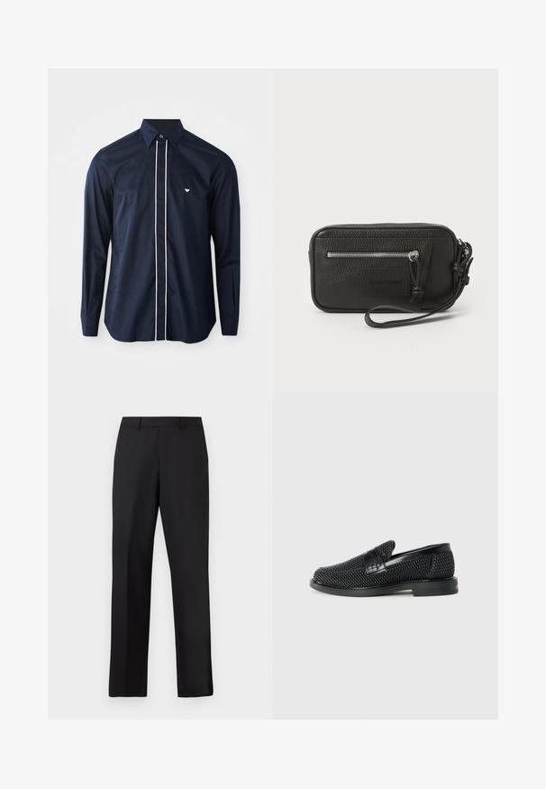 Marineblauwe lange mouw shirt van katoen met een klassieke kraag, voorzien van witte biesjes aan de voorkant en een klein logo op de linkerkant van de borst.; Zwarte, rechte broek van gladde stof. Voorzien van een standaard tailleband en geen zichtbare patronen of accenten.; Zwartegeweven instap schoenen met een glad leren accent aan de bovenkant, een ronde neusontwerp en een laag profiel rubberen zool.; Zwarte leren clutch met een gestructureerd oppervlak, voorzak met rits en een afneembare polsband. Beschikt over een logo-opdruk aan de voorkant. Rechthoekige vorm.