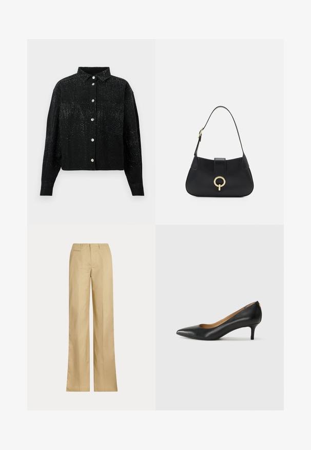 Zwarte, knoopsluiting shirt met een kraag, gemaakt van een gestructureerde stof en verspreide metalen versieringen. Eén borstzak aan de linkerkant.; Beige wijde broek gemaakt van soepele katoen, met een klassieke tailleband en achterzak, met een rechte snit en minimale details.; Zwarte leren pump met een puntige teen, lage hak en een gladde textuur. Heeft een lichte opening aan de voorkant en minimale hardware aan de achterkant.; Zwarte leren handtas met een gebogen silhoutte, korte schouderband, centrale goudkleurige hardware en een gladde textuur. Geen zichtbare patronen of accenten.