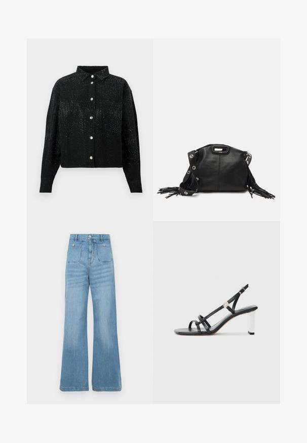 Camicia nera con bottoni, colletto e tessuto testurizzato, con decorazioni metalliche sparse. Una tasca sul petto sul lato sinistro.; Jeans in denim blu chiaro con un design a gamba larga, dotati di due tasche anteriori e due tasche posteriori, rifiniti con orlo grezzo e chiusura a bottoni.; Sandali neri con tacco alto caratterizzati da molteplici cinghie sottili, design slingback e un accento in argento sul tacco. Materiale superiore liscio e tacco quadrato.; Maje MISS MINI - Borsa a tracolla - noir