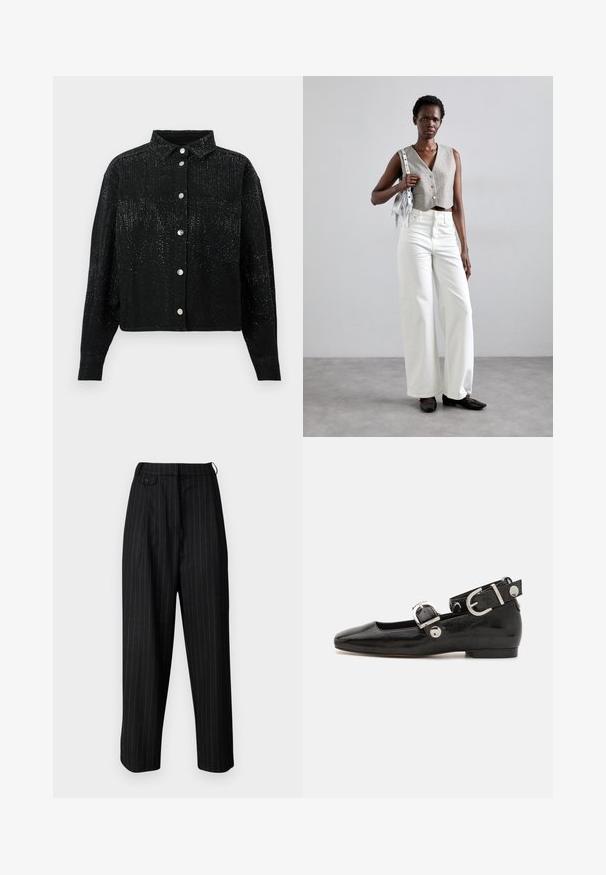 Černá košile na knoflíky s límečkem, vyrobená z texturované látky a s rozptýlenými kovovými ozdobami. Jeden náprsní kapsa na levé straně.; Černé kalhoty s vysokým pasem a bílými pruhy, zdobené puky, s knoflíkovým zapínáním a volným střihem. Vyrobené z hladkého materiálu.; Černé lakované baleríny se čtveratou špičkou, nártní přezkou s stříbrným kováním a plochou podrážkou. Hladká textura s minimalistickým designem.; Šedý zkrácený vest, doplněný bílými širokými džíny a černými plochými botami. Doplňková malá stříbrná kabelka s třásněmi.