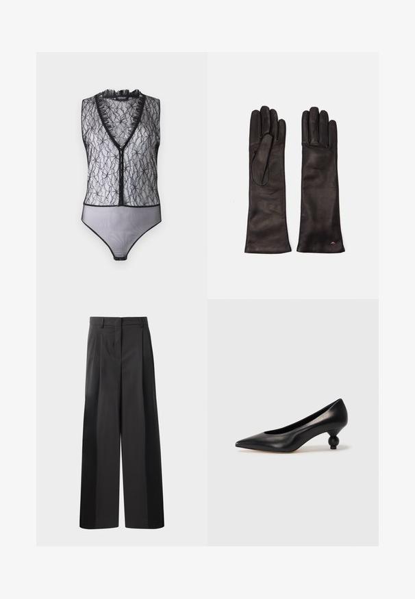 Hofmann Copenhagen EXCLUSIVE MARY - Tops - black; Melni platajā kājās bikses ar augsto jostasvietu, kas ar priekšējiem krokām, gludu tekstūru un pielāgotu apdari. Veidotas relaksētai piegrieztei.; Melnas ādas augstpapēžu kurpes ar smailu purngalu un apaļu papēdi. Gluda tekstūra ar elegantu, minimālistisku dizainu.; Weekend Max Mara SENAPE - Cimdi - nero