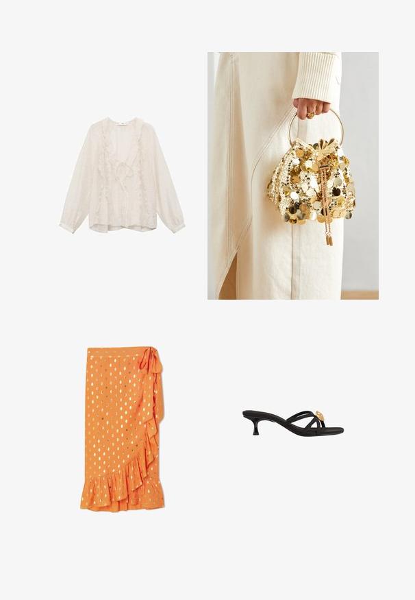 White long-sleeve blouse made from lightweight fabric, featuring ruffled accents along the V-neck and down the front, with a loose fit.; Orange wrap skirt with gold polka dots, ruffled hem, and a side tie. Made of lightweight fabric, featuring a smooth texture.; Black slide sandals with thin, crisscrossing straps. Features a small, tapered heel and a gold accent detail on the strap. Smooth texture.; Gold sequin drawstring handbag with a circular handle, featuring shiny round sequins and a textured fabric. Dimensions are not provided.