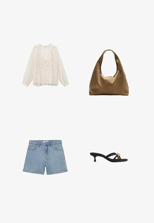 Weiße Langarmbluse aus leichtem Stoff, mit Rüschendetails entlang des V-Ausschnitts und auf der Vorderseite, in lockerer Passform.; Hellblaue Jeansshorts mit hoher Taille, vier Taschen und Knopfverschluss. Sie verfügen über einen klassischen geraden Schnitt und einen fransigen Saum.; Schwarze Riemchensandalen mit dünnen, übereinanderliegenden Riemen. Mit einem kleinen, verjüngten Absatz und einem goldenen Akzentdetail am Riemen. Glatte Textur.; Braune Stoffschultertasche mit einem breiten, runden Körper und einem großen Ausschnittgriff. Sanfte Textur, minimalistisches Design und keine sichtbaren Beschläge.