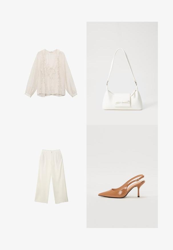 Vit långärmad blus i lätt material, med volangdetaljer längs V-urringningen och ner fram, i en lös passform.; Breda byxor i krämfärgad tyg med en mjuk yta, med en enda knapp fram, subtila veck och en hög midja design.; Tåspets slingback-häl i ett slätt, glansigt brunt material. Har en kurvad utskärning och en smal stilettklack. Silverdetalj med spänne.; Vit syntetisk handväska med triangulär form, platt framklaff och rosettdetalj, justerbar rem, slät textur och minimalistisk design.