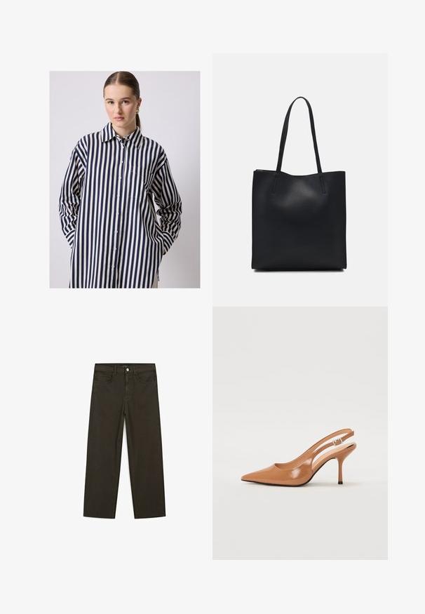 Koszula zapinana na guziki z długimi rękawami, wykonana z lekkiego materiału, z pionowymi paskami w kolorze granatowym i kremowym, z zaokrąglonym dołem oraz kieszenią na piersi.; Ciemnozielone spodnie dżinsowe typu wide-leg wykonane z mieszanki bawełny, z zamkiem na guzik z przodu, pięcioma kieszeniami i klasycznym przeszyciem dżinsowym.; Sandały na obcasie z kwadratowym noskiem, wykonane z gładkiego, błyszczącego materiału w kolorze brązowym. Charakteryzują się zaokrąglonym wycięciem i smukłym obcasem typu stiletto. Detal w postaci srebrnej klamry.; Czarna skórzana torba tote o gładkiej fakturze, prostokątnym kształcie i dwóch długich uchwytach. Brak widocznych elementów metalowych i ozdób.