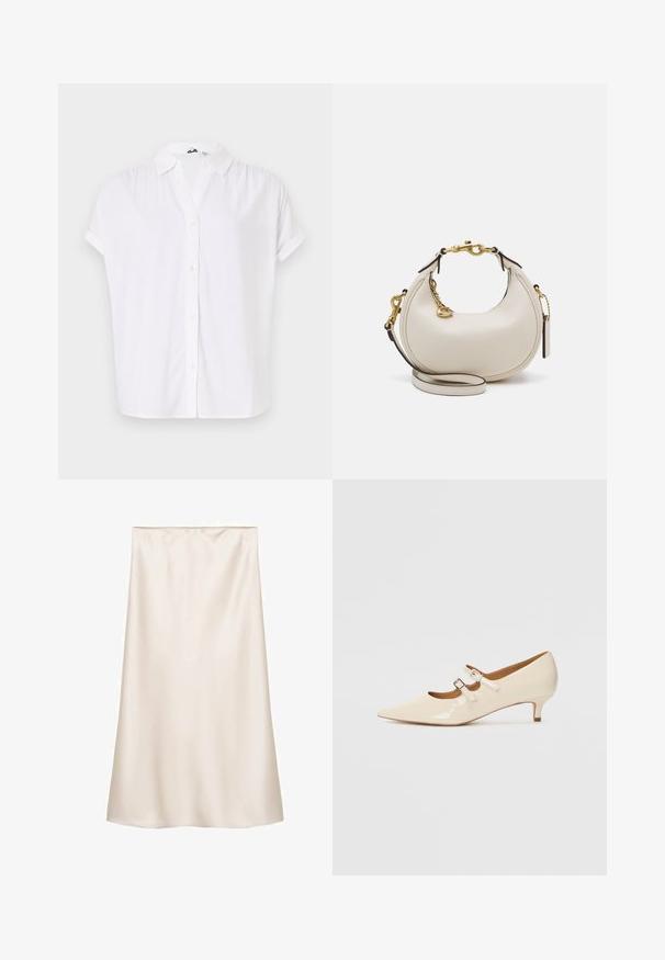 Chemise blanche à manches courtes en tissu léger, dotée d'un col et d'une fermeture à boutons à l'avant avec de petits boutons ronds.; Jupe midi en satin blanc cassé, coupe droite avec une taille élastique, texture lisse et sans motifs ni accents visibles.; Chaussures Mary Jane en cuir verni beige avec deux boucles ajustables, bout pointu et un petit talon. Texture lisse avec un fini brillant.; Sac à main en cuir crème avec une forme de croissant, quincaillerie dorée, accents noirs et une bandoulière amovible. Présente un détail en chaîne et une étiquette.; Ensemble de boucles d'oreilles dorées comprenant trois paires : des clous ovales texturés, des clous au design ondulé et de grandes boucles d'oreilles avec des nervures superposées.