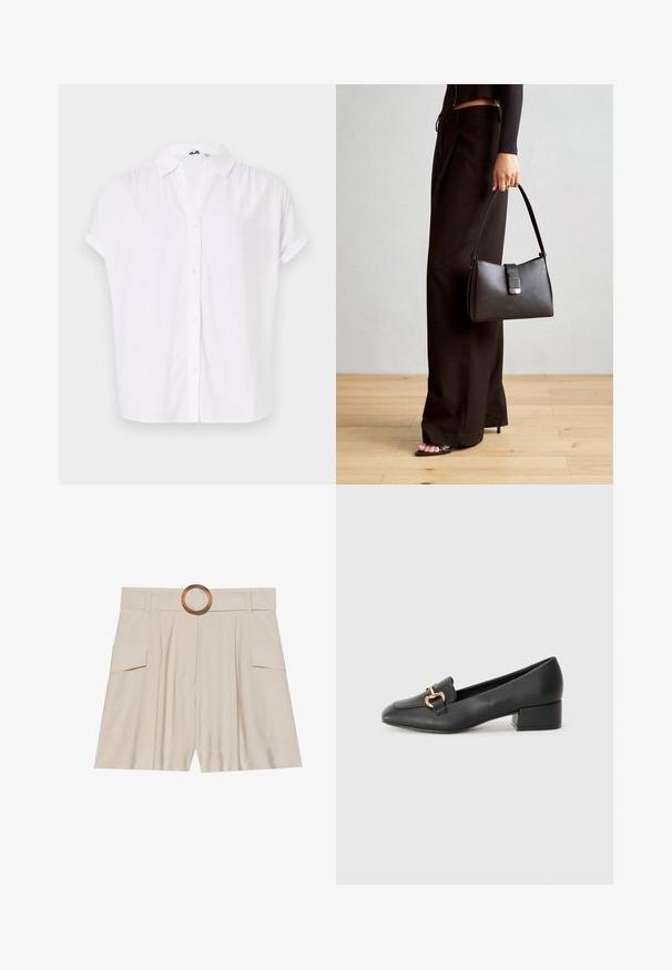 Bijela kratka majica s kratkim rukavima od lagane tkanine, s kragnom i prednjim zatvaranjem na gumbe s malim, okruglim gumbima.; Bež kratke hlače visokog struka sa širokim ravnim pojasom, drvenom okruglom kopčom, plisiranim prednjim dijelom i dvije bočne džepove. Glatka tekstura tkanine.; Crne kožne mokasine s ravnim potplatom, s dekorativnim zlatnim detaljem sprijeda i glatkom teksturom.; Crna torba s oblikom koji sadrži strukturu, glađu teksturu i metalnu kopču. Uparena s širokim crnim hlačama i sandalama na otvorenom s drvenog poda.