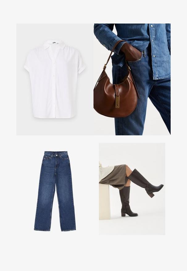 White short-sleeve shirt made of lightweight fabric, featuring a collar and a button-front closure with small, round buttons.; Wide-leg blue denim jeans with a high waist, featuring a button closure, five pockets, and subtle fading on the fabric.; Brown leather knee-high boots with a square toe, chunky heel, and side zipper. Smooth texture with a polished finish.; Brown leather hobo bag with a rounded shape, featuring a gold hardware accent and contrast stitching. Paired with a denim shirt and jeans.