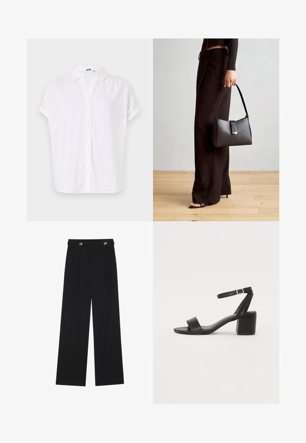 White short-sleeve shirt made of lightweight fabric, featuring a collar and a button-front closure with small, round buttons.; Black wide-leg trousers with high waist, button details on waistband, and front pleats.; Black heeled sandal featuring a smooth leather upper, an open toe, wide front straps, and adjustable ankle strap with a gold buckle detail.; Black handbag with structured shape, smooth texture, and a metallic clasp. Paired with wide black pants and open-toe sandals on wooden floor.