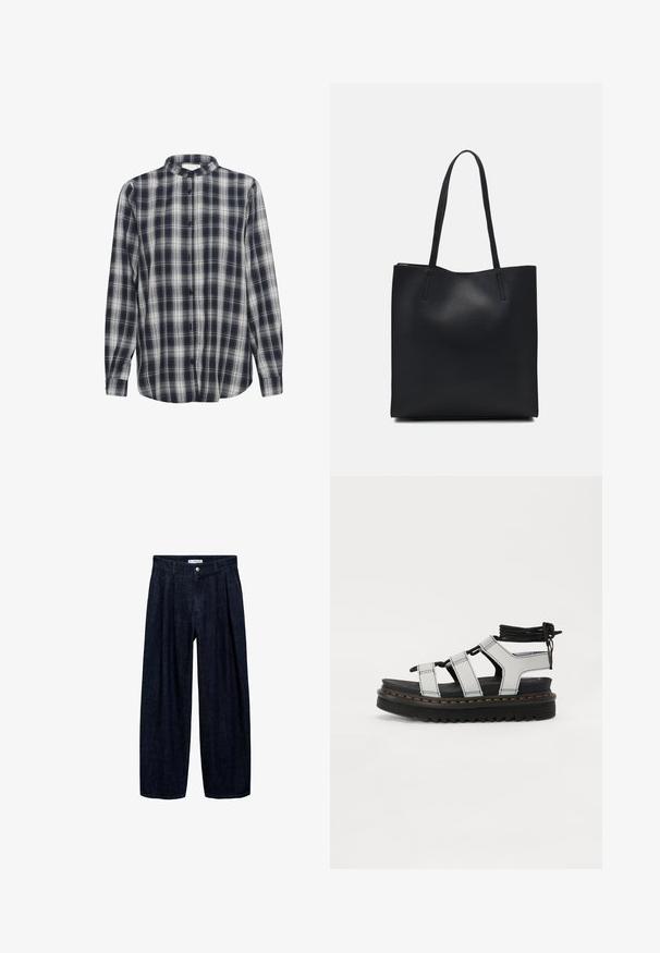 Cămașă cu butoni în carouri bleumarin și alb, cu mâneci lungi, confecționată din material flanel, având guler mandarin și nasturi negri.; Pantaloni largi din denim închis, cu pliseuri la talie, având un button frontal și pasaje pentru curea. Textură netedă și design pe întreaga lungime.; Sandale negre cu platformă, cu curele gri, având danteluri galbene contrastante, o șnur ajustabil la gleznă și o talpă texturată.; Geantă tote neagră din piele, cu textură netedă, formă rectangulară și două mânere lungi. Fără hardware vizibil sau ornamente.