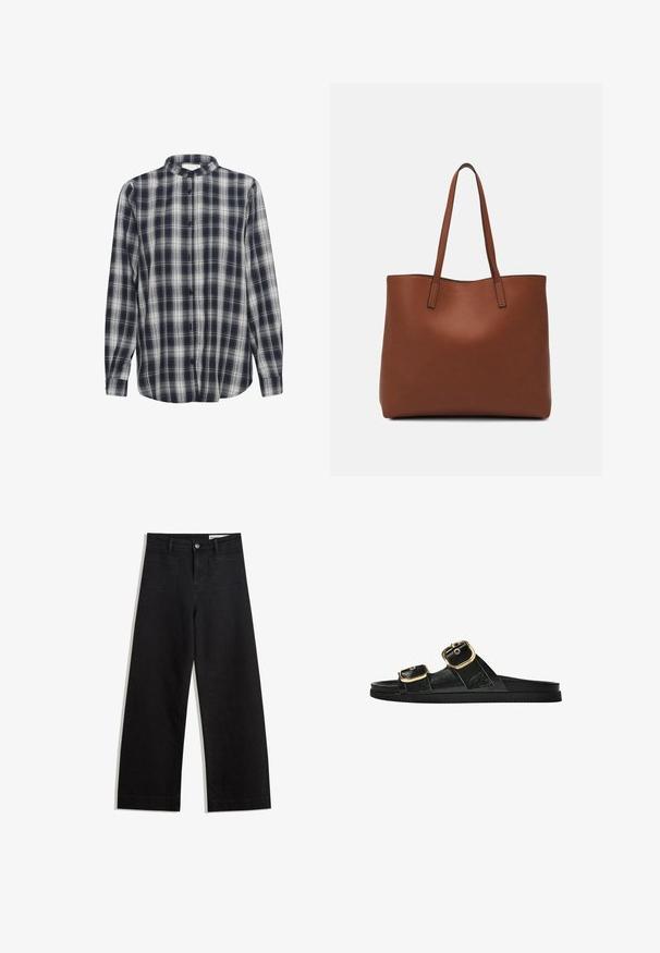 Hemd mit Knöpfen im navy- und weißen Karo-Muster, lange Ärmel, aus Flanellmaterial, mit Stehkragen und schwarzen Knöpfen.; Schwarze weit geschnittene Jeans mit hoher Taille, ausgestattet mit Vorder- und Hintertaschen, gesteppten Nähten und einem Knopfverschluss. Glatte Textur.; Schwarze Riemensandale mit zwei goldenen Schnallendetails, glattem Material, flachem Sohlen und minimalistischer Gestaltung.; Braune Leder-Tote mit glatter Textur, offenem Oberteil und zwei Schulterriemen. Verfügt über minimale Nähte und keine sichtbaren Beschläge.