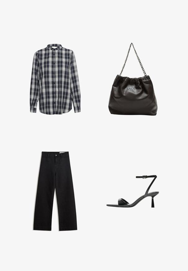 Hemd mit Knöpfen im navy- und weißen Karo-Muster, lange Ärmel, aus Flanellmaterial, mit Stehkragen und schwarzen Knöpfen.; Schwarze weit geschnittene Jeans mit hoher Taille, ausgestattet mit Vorder- und Hintertaschen, gesteppten Nähten und einem Knopfverschluss. Glatte Textur.; Bershka High Heel Sandalette - black; Braune Lederhandtasche mit gerafftem Oberteil und Kettenriemen. Glatte Textur mit glänzendem Finish und subtilen Nahtdetails an den Seiten.