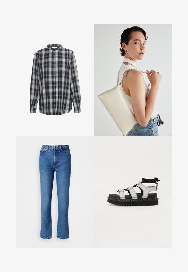 Cămașă cu butoni în carouri bleumarin și alb, cu mâneci lungi, confecționată din material flanel, având guler mandarin și nasturi negri.; Jeans din denim albastru cu un croi drept, având un design clasic cu cinci buzunare, cusături portocalii și închidere cu buton.; Sandale negre cu platformă, cu curele gri, având danteluri galbene contrastante, o șnur ajustabil la gleznă și o talpă texturată.; Geantă de clutch rectangulară albă, realizată dintr-un material lucios, având o curea de lanț argintie. Modelul pozează, evidențiind geanta pe un fundal simplu.
