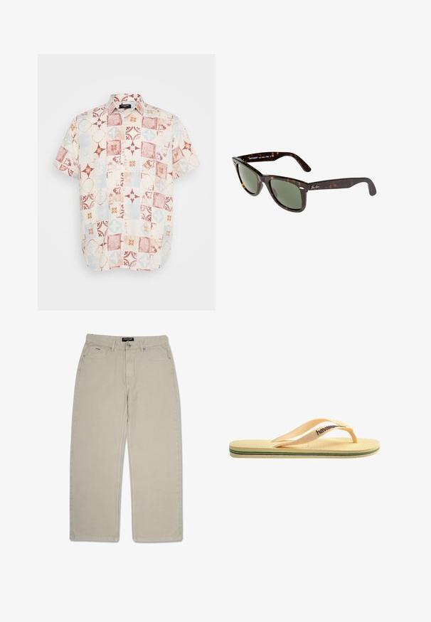 Lyhythihainen nappikauluspaita kevyestä kankaasta, jossa on päällekkäin ommeltu kuvio, jossa on punaisia, sinisiä ja kermaisia geometrisiä kuvioita.; Valkoinen puuvillainen hihaton paita, jossa on pyöreä kaula-aukko, leveät olkaimet ja suora helma. Paidan tekstuuri on sileä, eikä siinä ole näkyviä kuvioita.; Beige, suorat housut, jotka on valmistettu puuvillasta. Ominaisuuksiin kuuluvat kaksi etutaskua ja pieni takatasku. Kaksoisommellut saumat parantavat kestävyttä.; Keltainen kuminen flip-flop, jossa on teksturoitu pohja, ohuet hihnat ja moniväriset raidat pohjassa. Brändilogo hihnassa.; Wayfarer-aurinkolasit, joissa on tumman kilpikonnakuoren muovireunus, vihreät linssit ja hopeinen Ray-Ban-logo tempuressä.