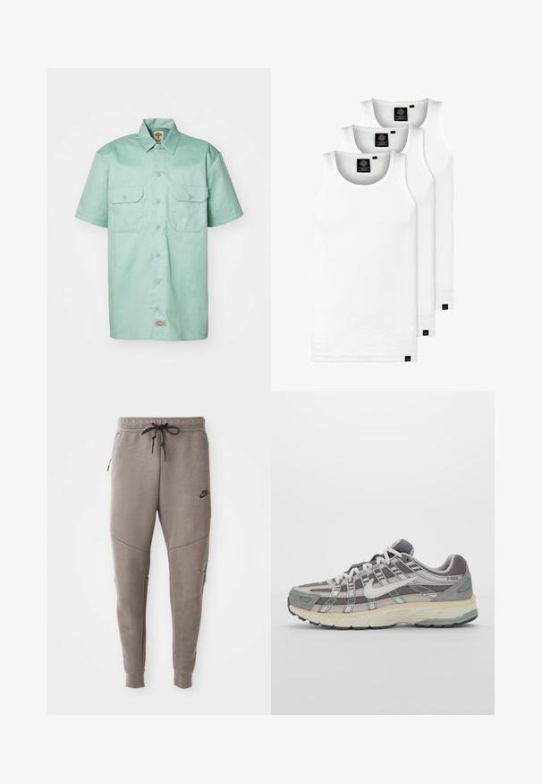 Lyhythihainen mintunvihreä paita, joka on valmistettu puuvillasta. Siinä on nappisuljenta edessä, kaksi rinnan taskua ja logo-tagi helman lähellä.; Kolme valkoista ribbitekstiilistä toppia, jotka on valmistettu puuvillasta. Ominaisuuksiin kuuluu pyöreä pääntie ja pieni musta etiketti helman lähellä. Saatavilla useissa kooissa.; Harmaat Nike-juoksuhousut, joissa on kiristysnyöri vyötäröllä, kapeat lahkeet, sivutaskut ja erottuva sauman yksityiskohtaisuus. Pehmeä, tekstuuri kangas.; Harmaa urheilukenkä, jossa on verkko- ja mokkanahkainen yläosa, valkoiset yksityiskohdat, pehmustettu pohja ja erottuva muotoilu heijastavilla elementeillä.