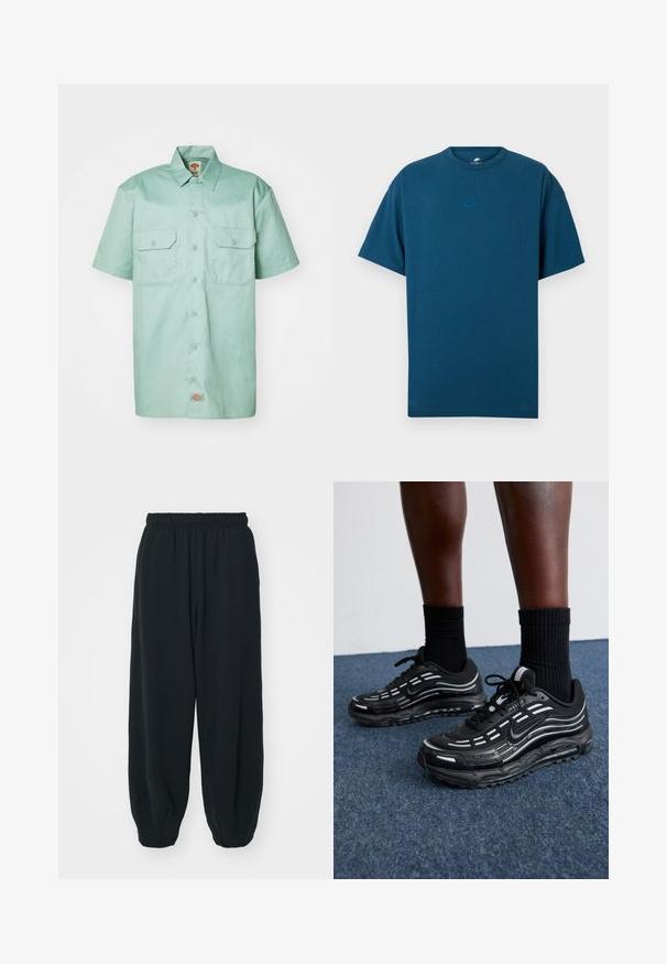 Cămașă cu mânecă scurtă de culoare verde mentă, fabricată din bumbac. Prezintă un închidere cu nasturi pe față, două buzunare pe piept și un eticheta cu logo aproape de tiv.; Tricou din bumbac albastru, cu mâneci scurte, guler rotund și un mic logo Nike de culoare albastru deschis pe piept. Textură moale, croială lejeră.; Pantaloni de trening negri, cu talie elastică, cu o croială lejeră, la baza pantaloni fiind strânși, având o textură netedă și fără modele sau accente metalice vizibile.; Pantofii negri Nike au un superior din plasă cu dungi accentuate, șireturi texturate și o talpă din cauciuc negru. Purtați cu șosete negre cu model rib.