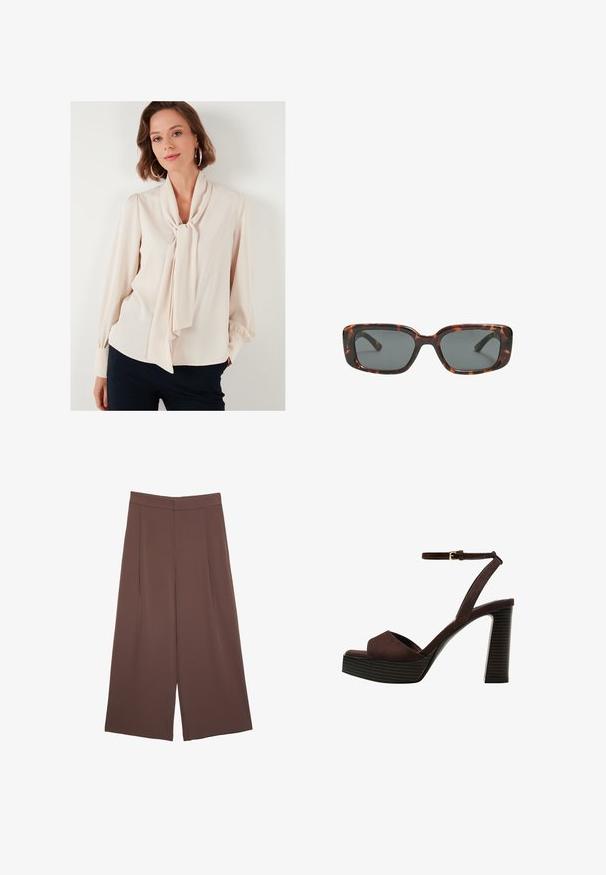 LELA REGULAR FIT - Overhemdblouse - stone; Bruine wijde broek met een gladde textuur, voorzien van een hoge taille en plooien aan de voorkant. De stof is lichtgewicht en valt losjes.; Bruine suède high-heeled sandaal met een open teen, verstelbare enkelband en een gestreepte plateauzool.; Schildpad zonnebril met rechthoekige glazen, dikke monturen en donkere glazen. Glad oppervlak en minimalistisch ontwerp.