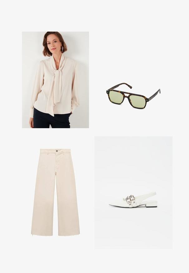 LELA REGULAR FIT - Hemdbluse - stone; Weit geschnittene Hose aus leichtem beigen Baumwollstoff mit Knopfverschluss, dezent fransigem Saum und lockerem Schnitt.; Weiße Leder Slingback-Schuhe mit spitzem Zehenbereich, silbernen Schnallenakzenten und einem niedrigen Blockabsatz. Glatte Textur mit minimaler detaillierung.; Schildpatt-Sonnenbrille mit grünen Gläsern, rechteckigem Rahmen und auffälligem Brückendesign. Besitzt dezente Markenkennzeichnung am Bügel.